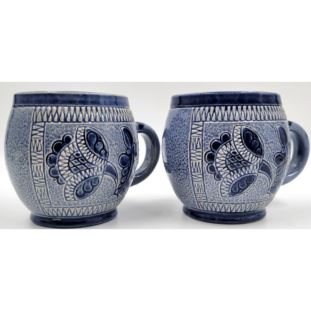 2 Marzi Remy 3141 Pottery Mug German Stein Blue Engraved Floral Cup 1950 - 1970